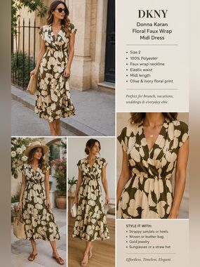 DKNY Donna Karan Floral Faux Wrap Midi Dress Olive Ivory Size 2